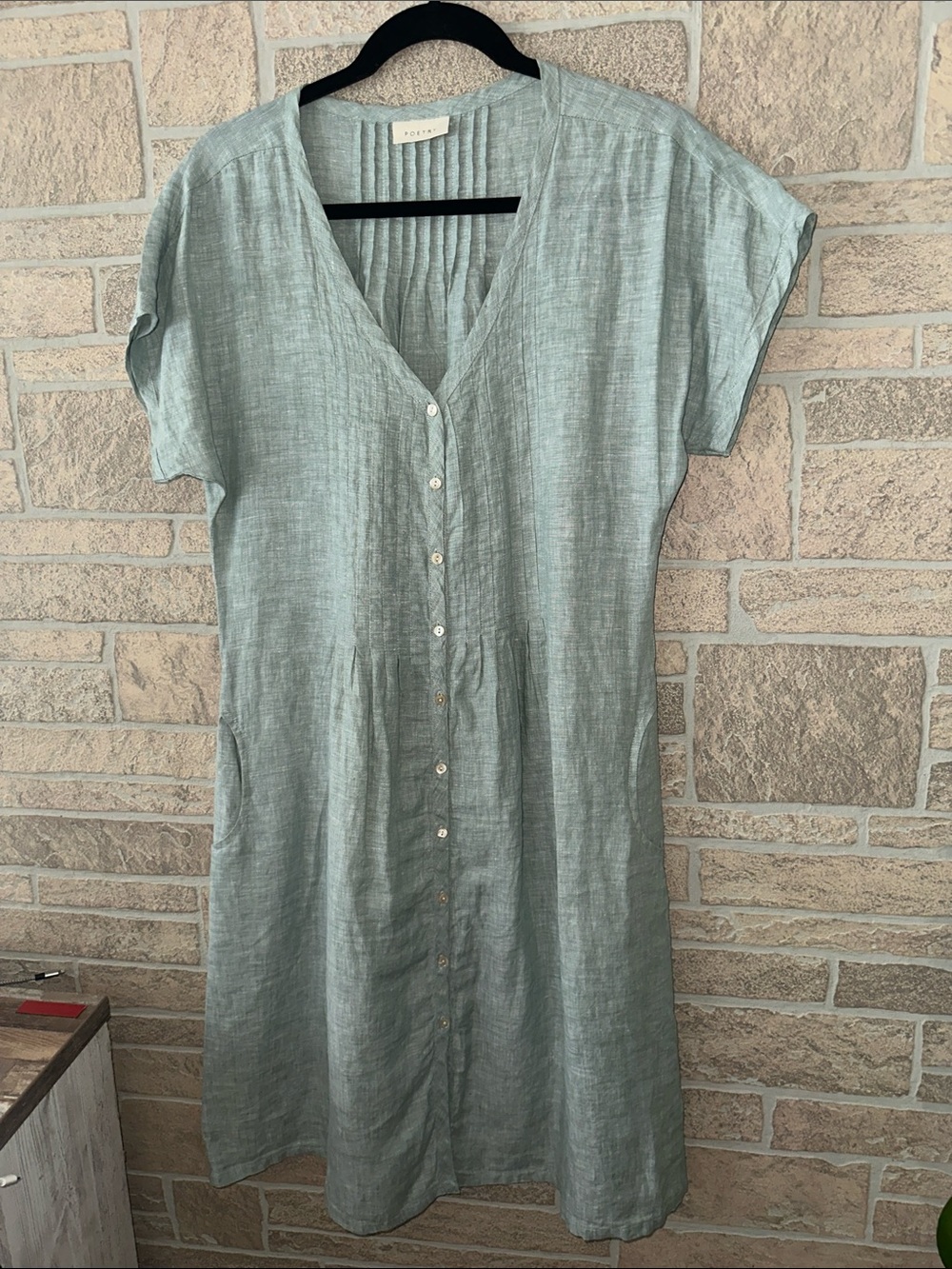 Poetry 100% Linen Button Down Pintuck Dress Sage Green Melange Size 6